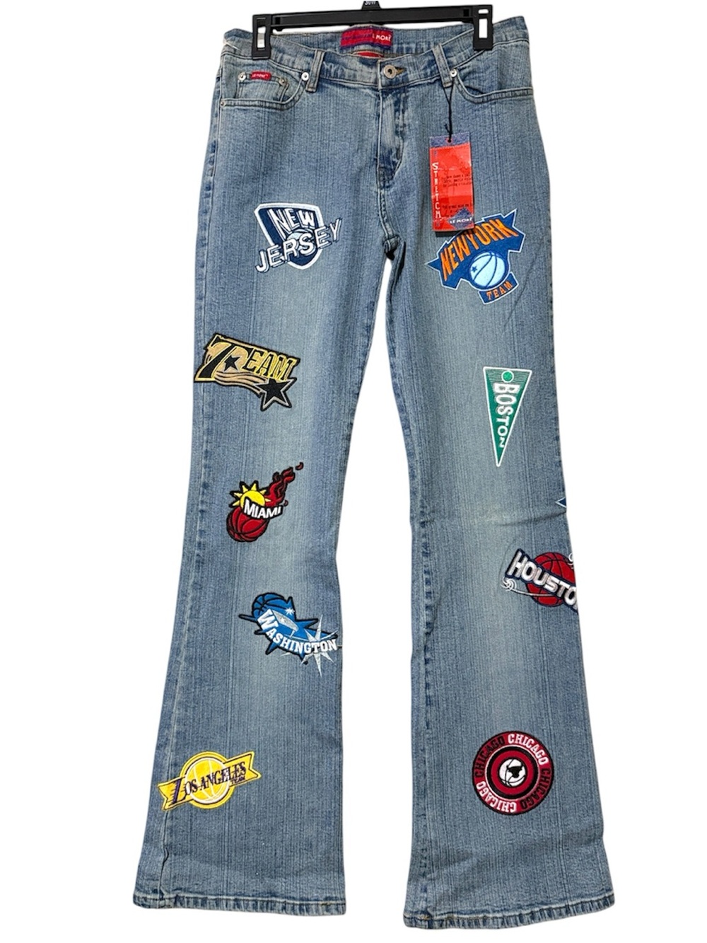 LE MORE juniors size 11 stretch jeans embroidered basketball patches all over